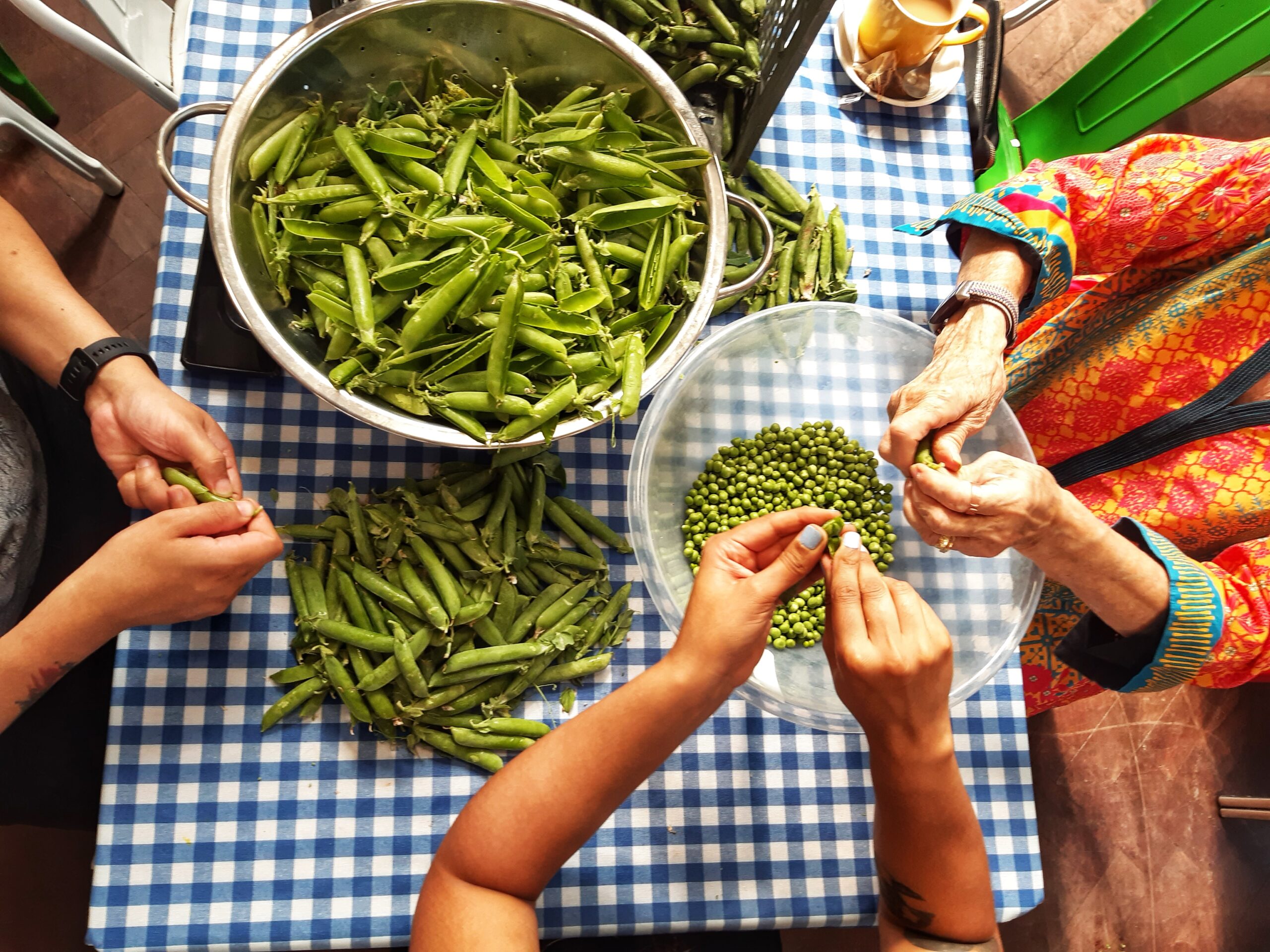 Three people sit around a table and split peas into a bowl.